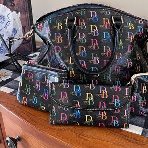 Dooney and Bourke 1975 rainbow monogram dome bag with wallet and coin pouch